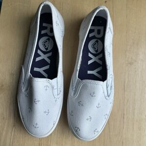 Roxy Drifter Slip-On Sneakers Canvas Size 7.5 Nautical Anchor Print White Blue